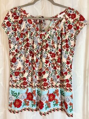 LC Lauren Conrad Floral Blouse Medium | Boho Peasant Top Red Blue Cream Flowy 🦋